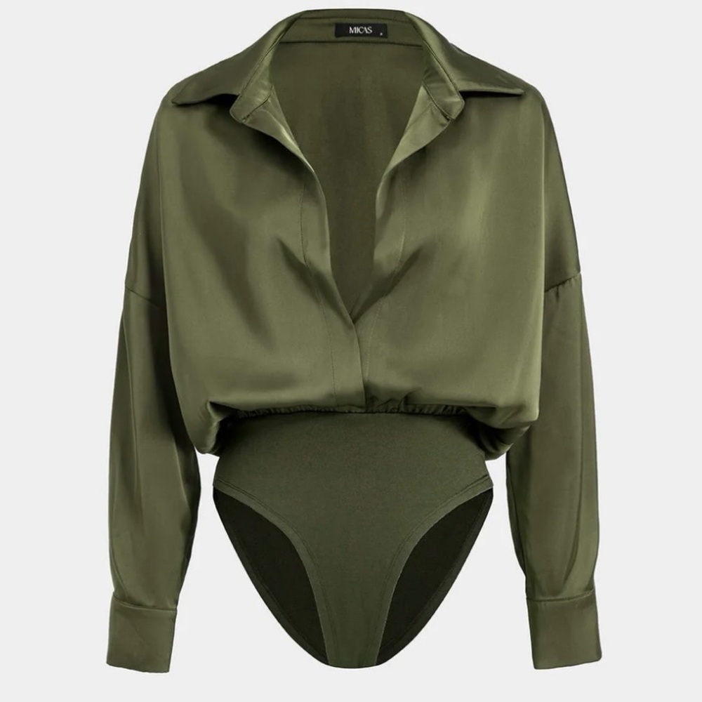 Micas Olive Green Open Front Satin Pull On Long Sleeve Bodysuit Size Large